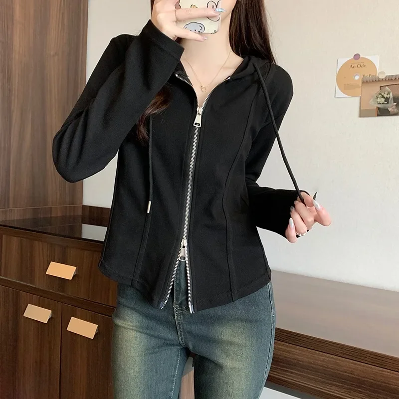 Solid Color Short Jacket Women 2024 Spring and Autumn Slim Thin Hooded Zip Long-sleeved Cardigan Versatile Casual Blouse Female