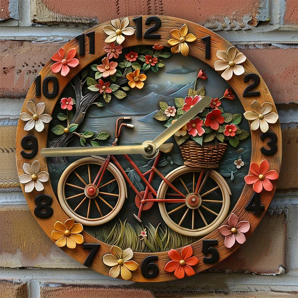 

Bicycle with Basket of Flowers 2D Silent Wall Clock DIY Assembly Kit - High-Definition Metal Art Decor for Home and Office