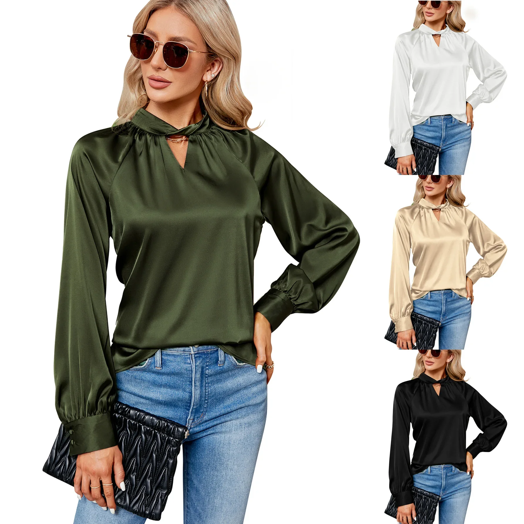 

2025 Women's New Spring Autumn Long Sleeve Tops Shirt Satin V-neck Long Sleeved Loose Top Female Soft Smooth Commuter Shirt
