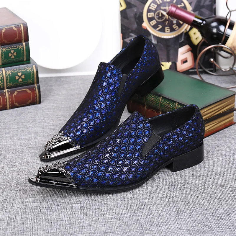 2024 Western Fashion Pointed Metal Toe Dress Shoes Blue Grey Party Wedding Leather Shoes for Men