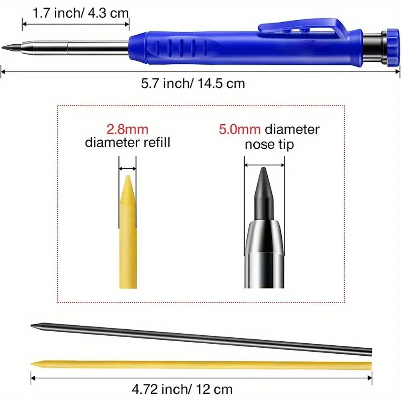 Solides Zimmermannsbleistift-Set, Holzbearbeitung, Druckbleistift, 3 Farben, Nachfüllung, Konstruktion, Markierungswerkzeug für Zimmermann, Anreißbogen