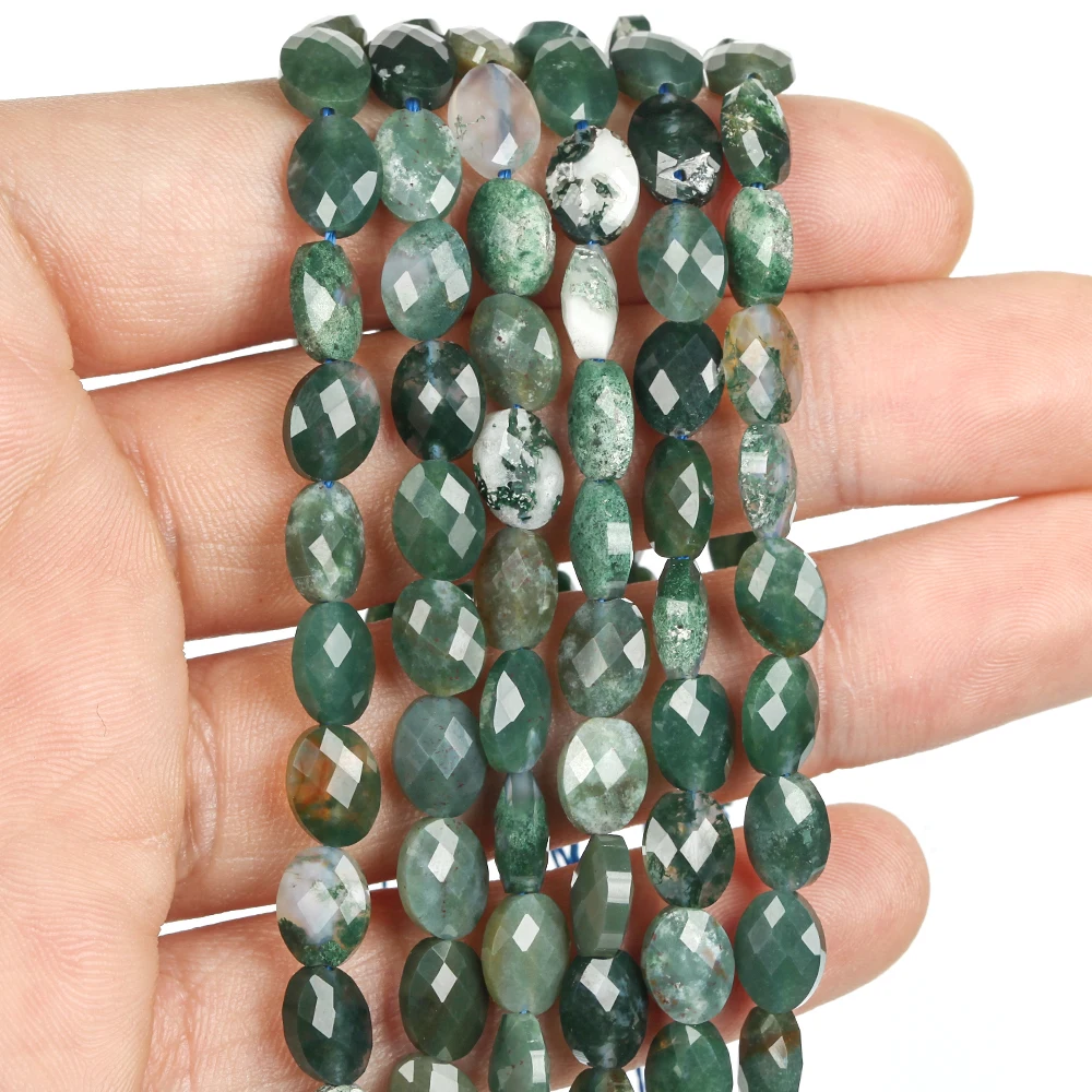 23pcs 6x8mm Faceted Natural Stone Beads Moss Agate Oval Loose Beads for Jewelry Making DIY Bracelet Accessories 7inches
