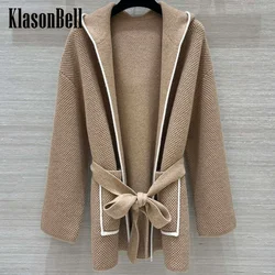 8.22 KlasonBell Women Cashmere Knit Keep-Warm Hooded Cardigan Temperament Double Pocket Spliced Color With Sashes Midi Coat