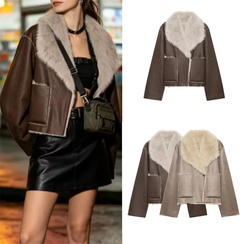 Guobioziy Women's Jacket 2026 Fall/Winter New Versatile Design Long-Sleeve Collared Double-Sided Faux Fur Mid-Length Coat