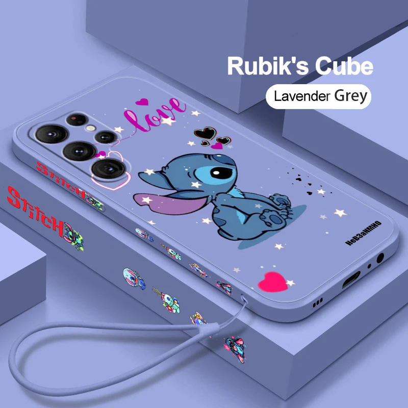 Disney Art Stitch Cool Love Phone Case For Samsung Galaxy S24 S23 S22 S21 S20 FE S10 Plus Lite Ultra 5G Liquid Left Rope Cover