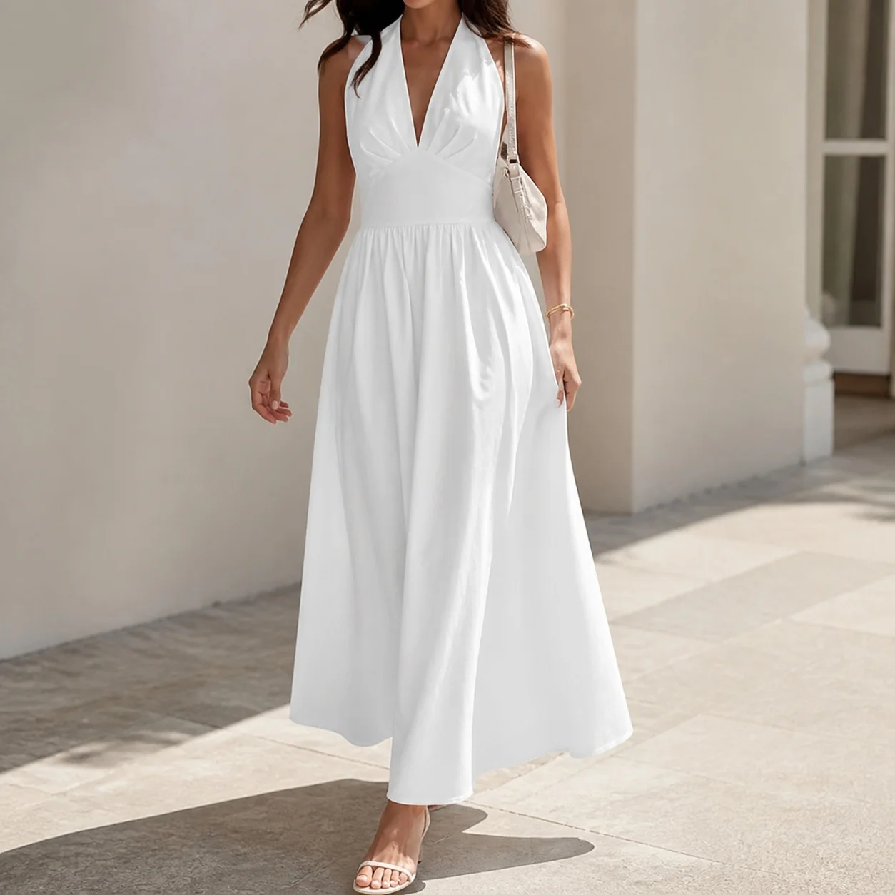 Women's White Sleeveless V Neck Slim Fit Tie Waist Ruched High Waist Casual Cotton Long Dress for Women Solid Color Flowy