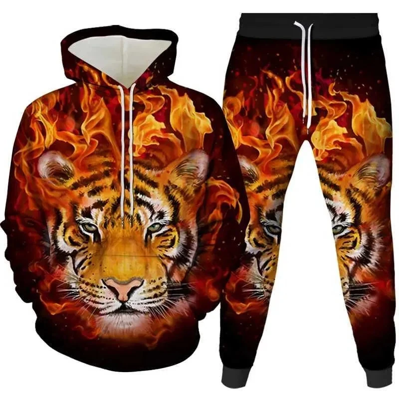 

Men's Hoodies Sets Funny 3D Tiger Print Sweatshirts and Pants 2 Piece Outfit Autumn Winter Casual Sports Suit Fashion Tracksuit