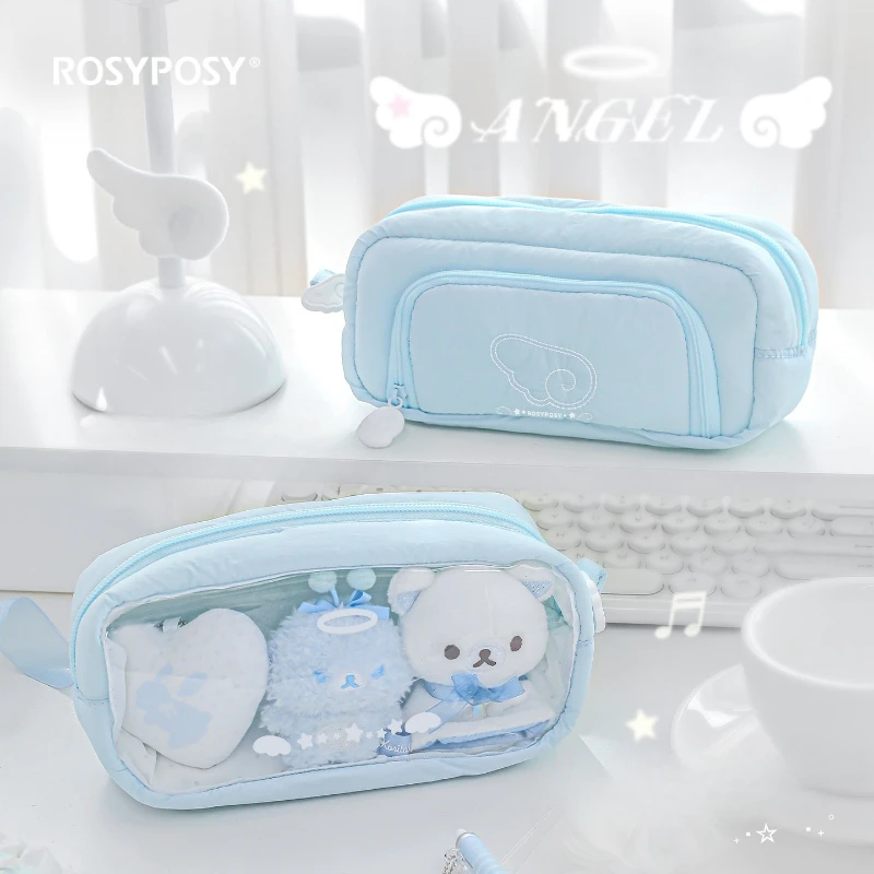 INS Sweet Wings Pencil Case for Kids Girl Soft Embroidery Clear Windows Stationery Organizer Large Capacity Bag Back To School