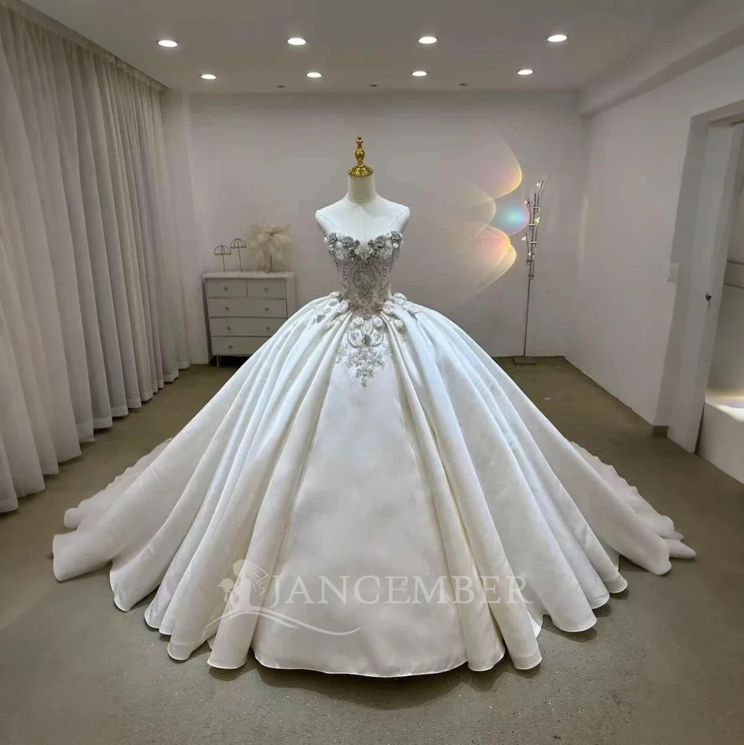 Customized Exquisite Beaded Lace Appliqué Shiny Women Strapless Wedding Dress Satin Princess Bridal Gown Vestido De Novia