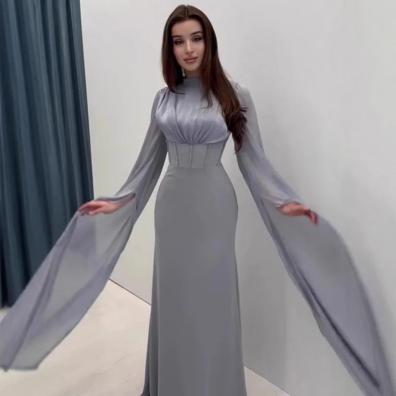 

2025New Autumn Elegant Soft Long Sleeve Waist Cinched Long Dress Gown for Women