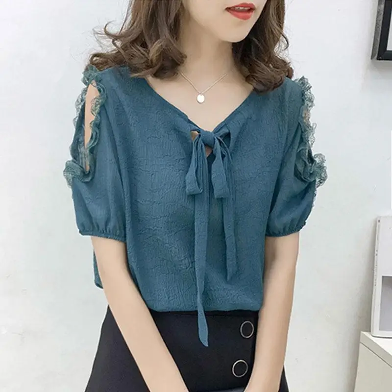 

Women Summer Solid Color Fashion Lace Up Decoration Lace Off Shoulder Chiffon Shirt Women Clothes Casual Trend Loose Tshirt