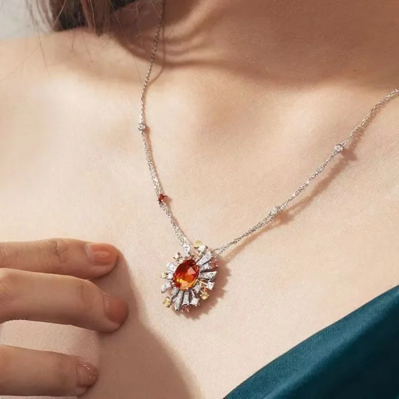 Light Luxury Orange Gemstone Necklace for Women Vintage Yellow Crystal Sunflower Pendant Exquisite Clavicle Chain Jewelry Gift