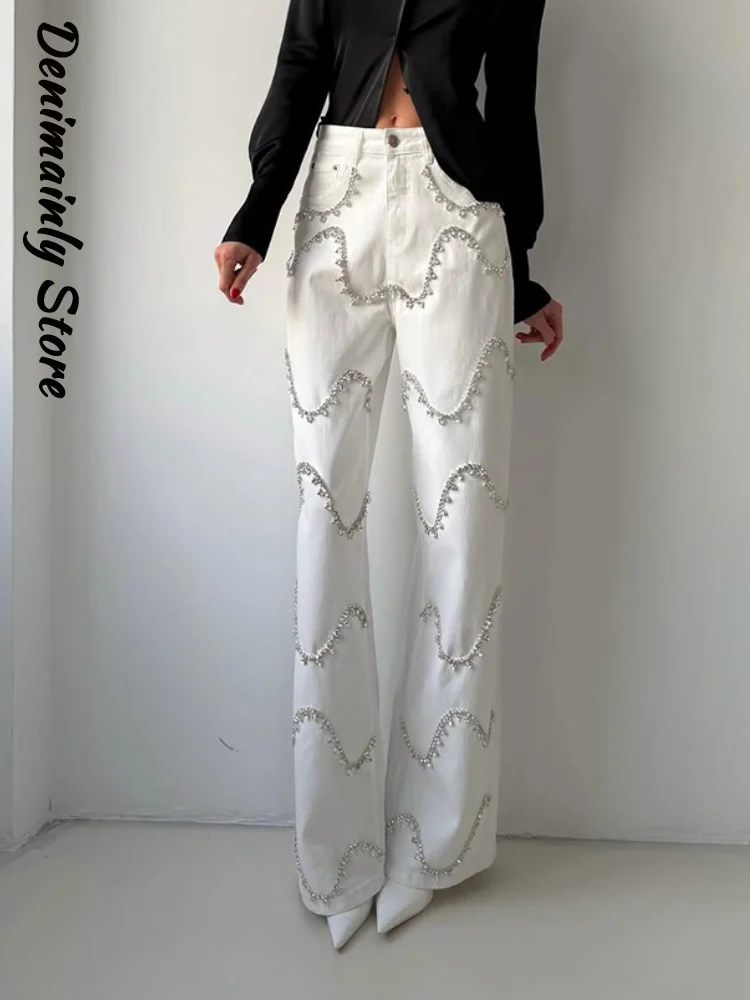 

Fashion Y2k Rhinestone Women's Jeans Stripe Straight Wide Leg Loose Denim Pants Lady New Casual Street Summer Trousers 2026