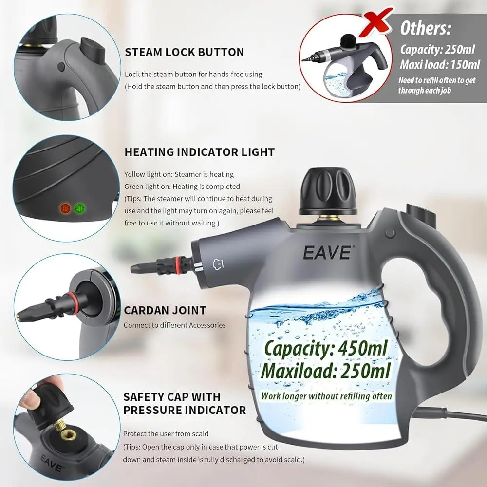 منظف بخار محمول باليد، باخرة محمولة 12 في 1 مع زر قفل بخاري مستمر وتنظيف قوي بقوة 1050 وات