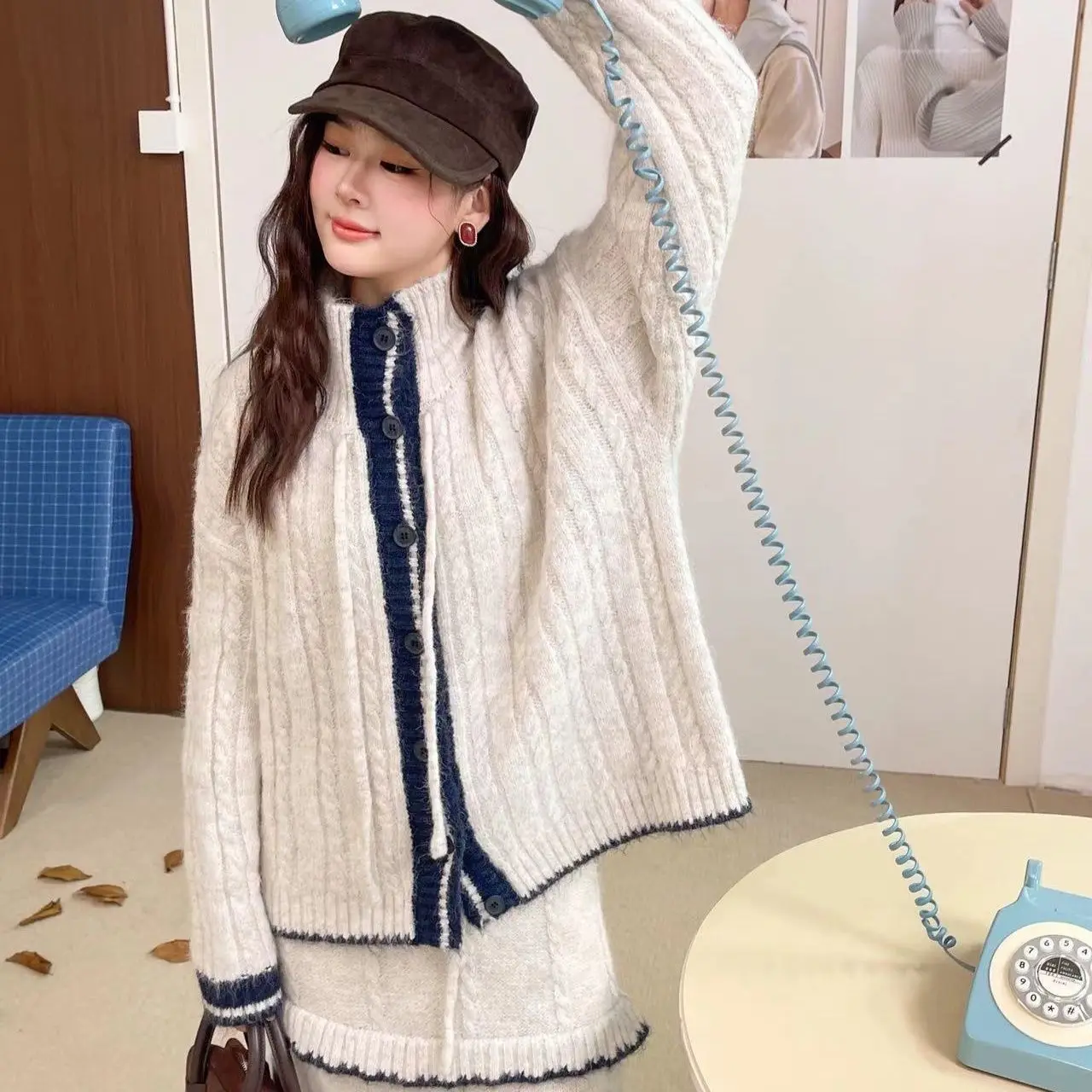 Color Blocking Lapel Knitted Sweater Set For Women'S 2026 Autumn And Winter Fashion Temperament, Complete Set