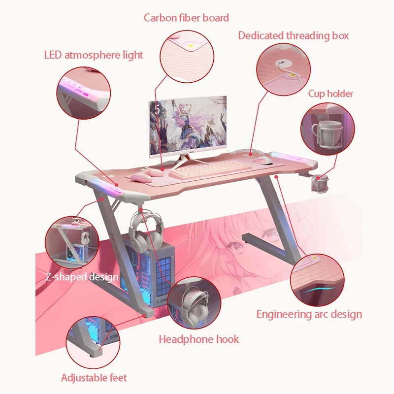 Pink streamer table desktop computer desk family anchor cute girl game table luxury sturdy high-end table Extension desk