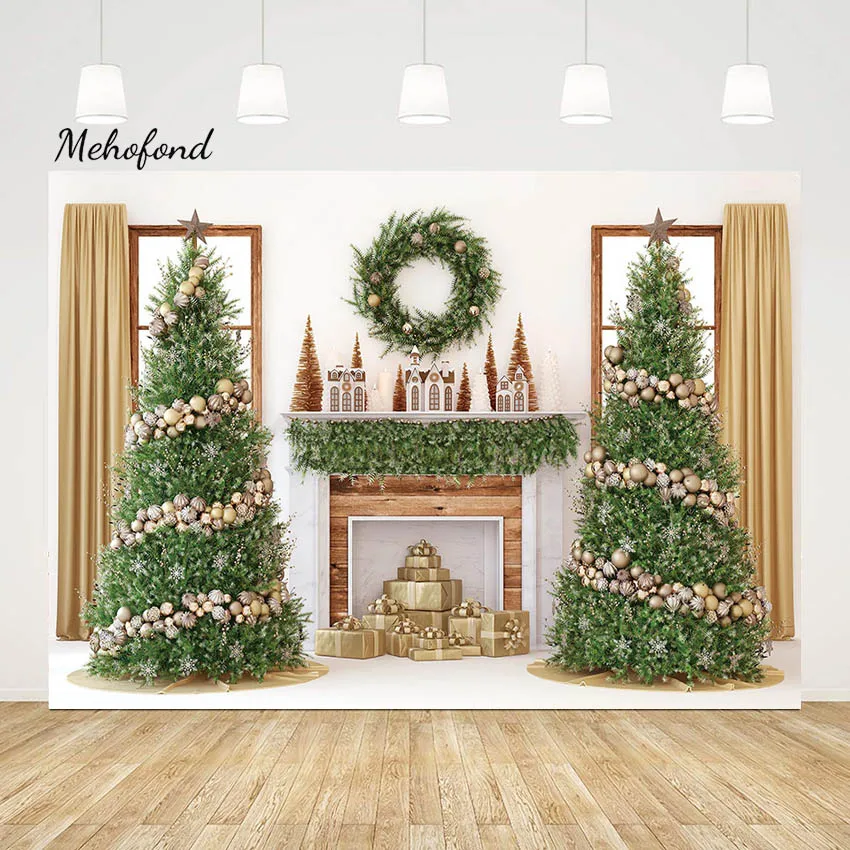 

Mehofond Christmas Backdrop Kids Portrait Photo Props Xmas Tree Wooden Window Wreath Decor Photography Background Photophone