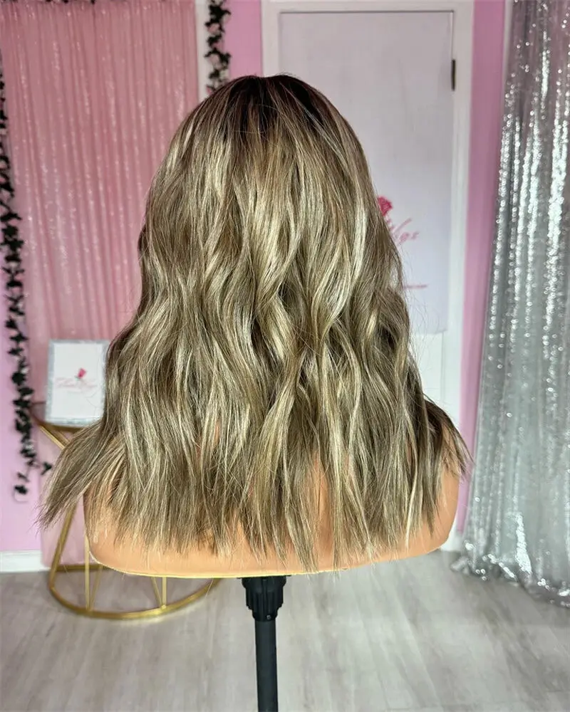 Caramel Brown Highlight Synthetic Lace Frontal Wigs With Dark Roots Body Wave Shoulder  Full Wigs 16Inches High Temperature Silk