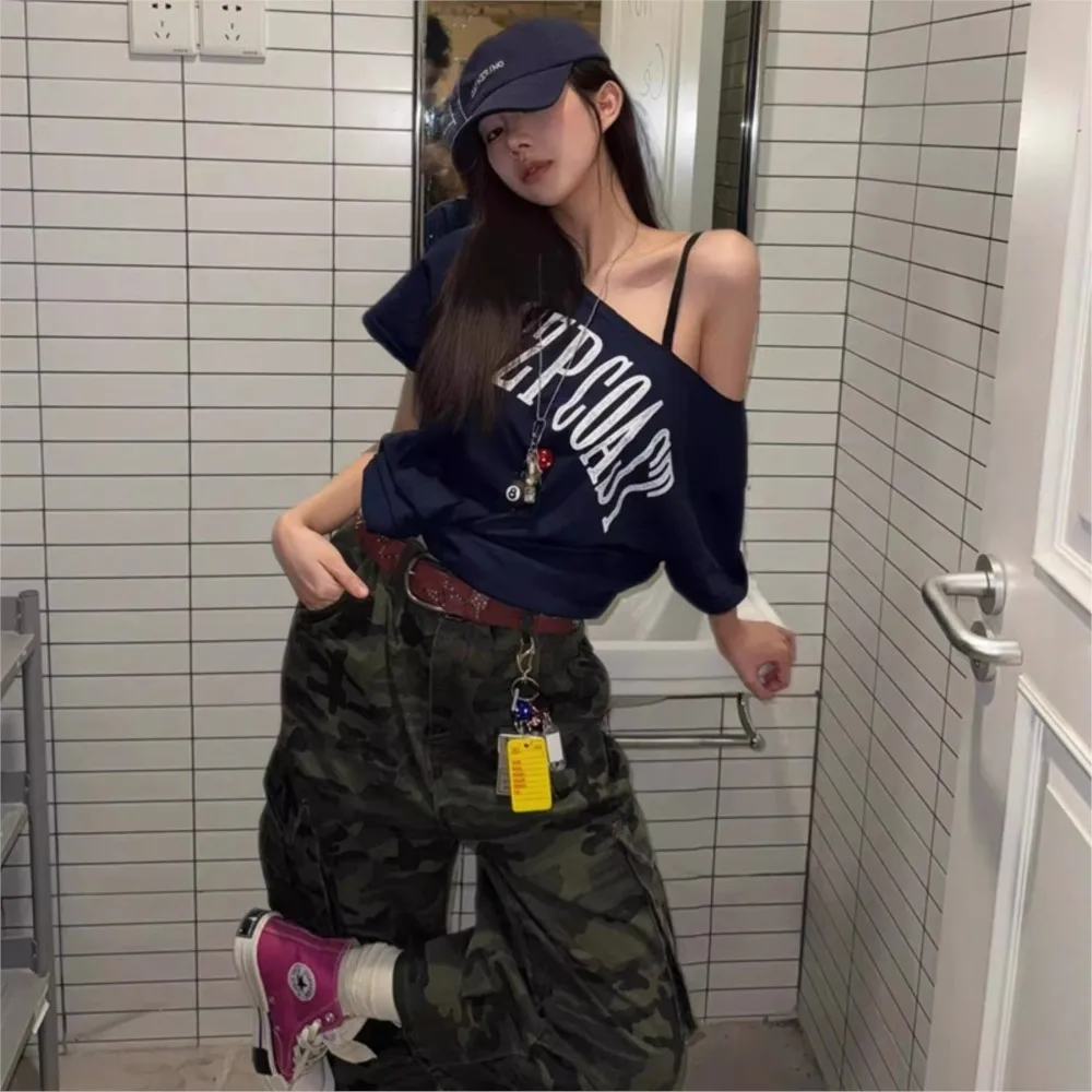 

2026 Retro Blusas T Shirt Tees Tops For Lady Hot Girl Style Women's Clothing Off Shoulder Slant Collar Fashionable Printed Loose