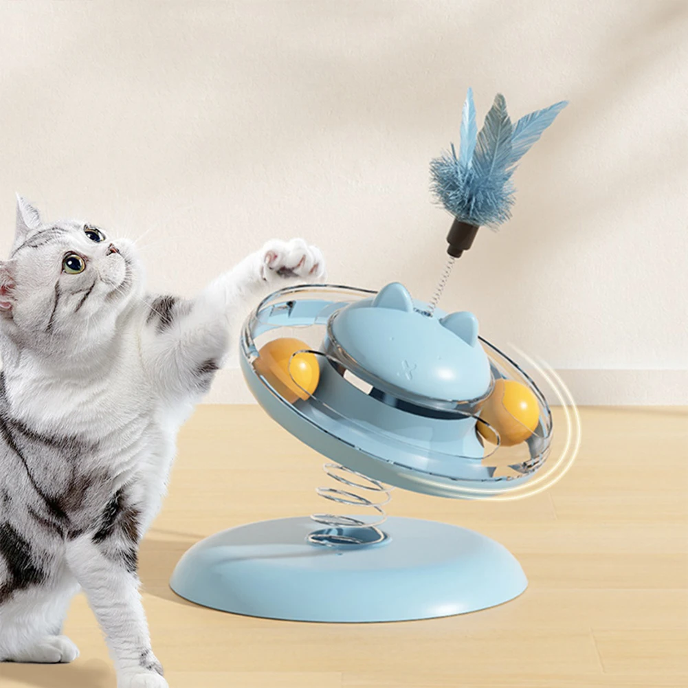 Interactive Plume Cat Teaser Spring Turntable Kitten Toy Kitty Food Dispenser Roller Turntable Ball Toy For  Kitty Cats Chase