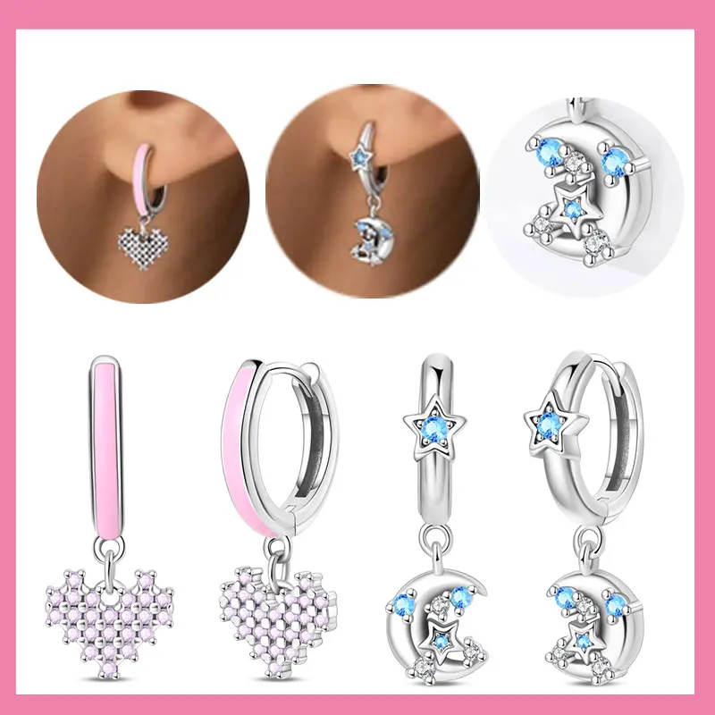 

Серьги-кольца из стерлингового серебра 925 пробы с розовым блестящим сердцем, синяя звезда, луна, циркон, серьги-кольца, ювелирные изделия на годовщину свадьбы, подарок для женщин