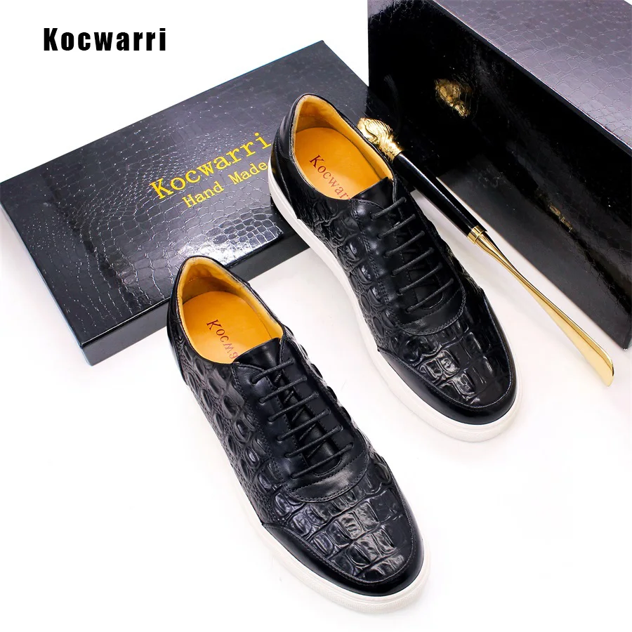 Men\'s Fashion Casual Leather Shoes Handmade Genuine Leather Crocodile Pattern Lace Up Non-slip Flats Dating Party Dress Shoes