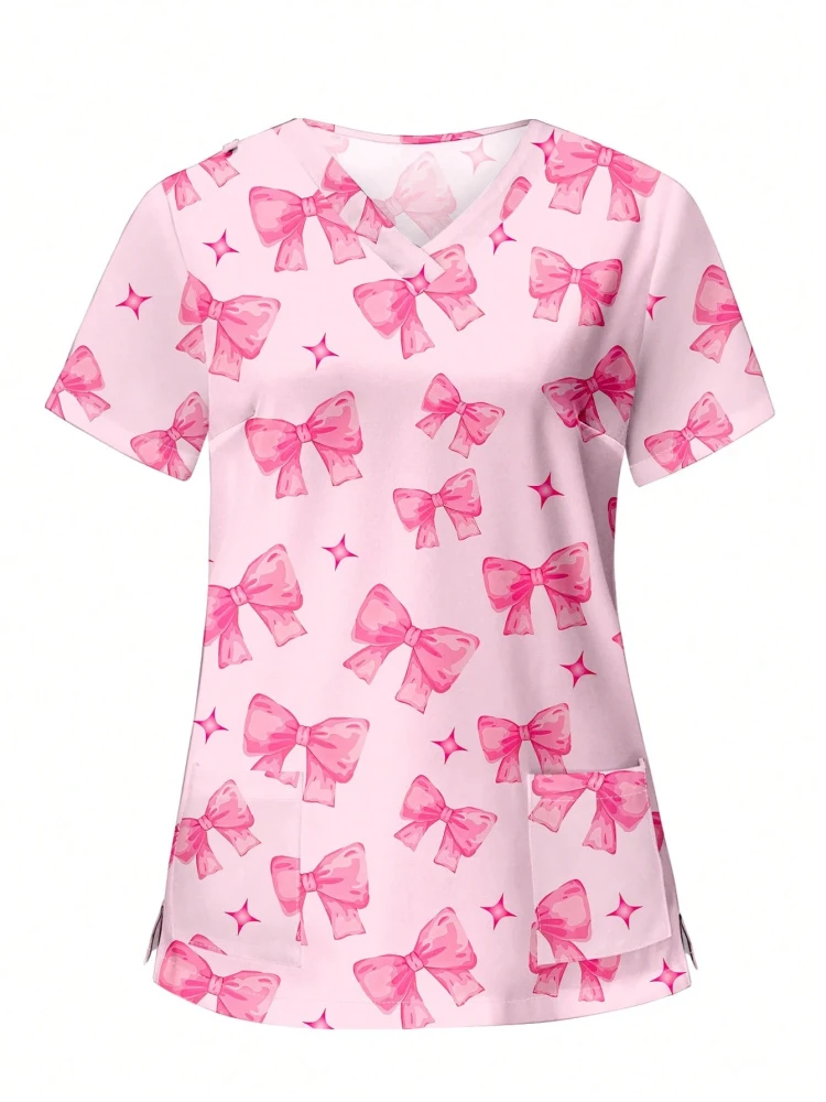 Femmes t-shirt amour imprimé avec poches col en v gommages uniformes toilettage pour animaux De compagnie infirmière Spa t-shirts De soins haut De Enfermeria Para Mujer