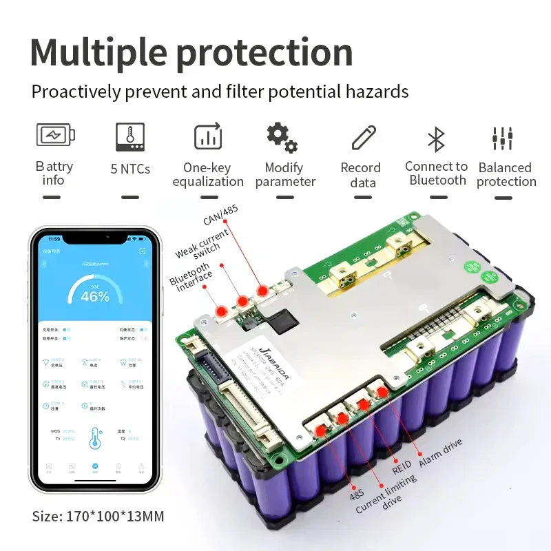 JBD Automatic Identify 8s-24s Smart BMS Protection Board LFP NMC 40A 60A 100A 150A 200A 36V 48V 60V 72V UART 485 Can APP NTC