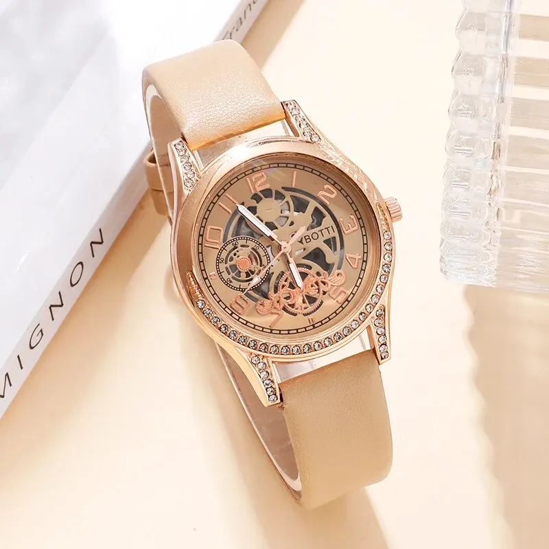 Women\'s Fashion Watch Casual Khaki Leather Belt Watches Ladies Rhinestone Quartz Wristwatches Bracelet Set Clock Montre Femme