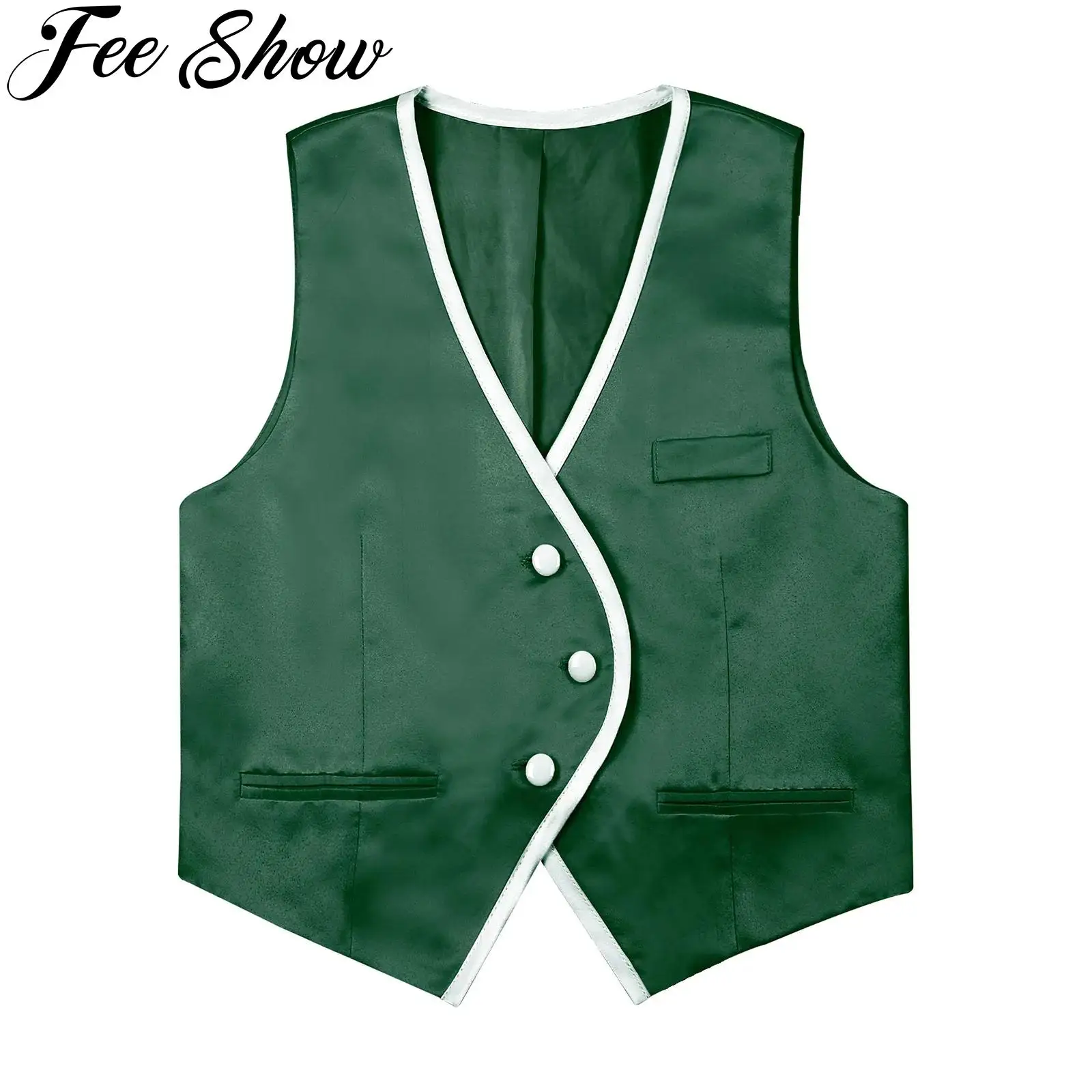 Kids Boys Formal Gentleman Suit Vest Tuxedo V Neck Pointed Hem Blazer Vests Tank Top Wedding Birthday Party Cocktail Waistcoat