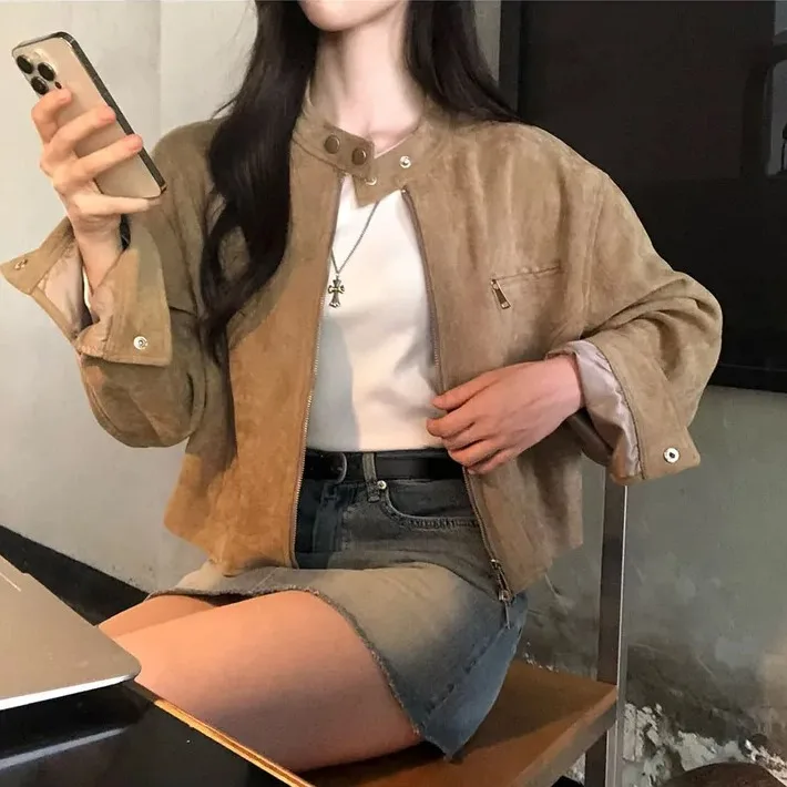 Korean Style Casual Short Motorcycle Jacket Outerwear Women's Cotton Blend Zipper Closure  Color Long Sleeve Coat