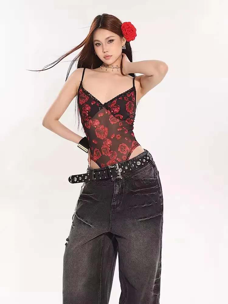 REDDACHiC Romantic Rose High Cut Bodysuit Women Spaghetti Straps Bow Lace Trim Sexy V-neck Sheer Mesh Top Vintage Y2k Clothes