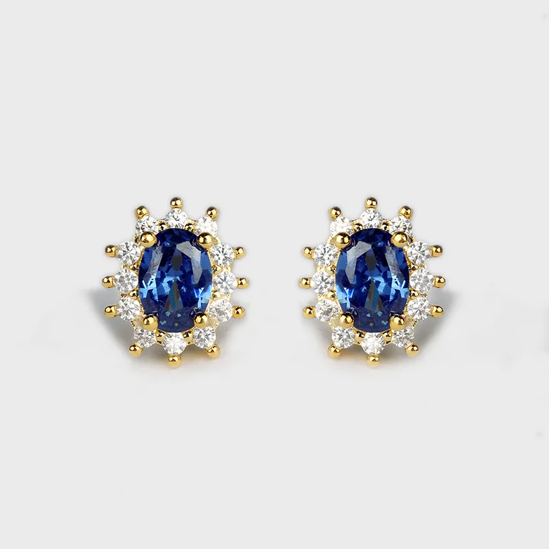 Royal Blue Lab Diamond Zircon Exquisite Elegant Earrings for Women Wedding Band Ear Stud Gold Color Vintage Jewelry Accessories