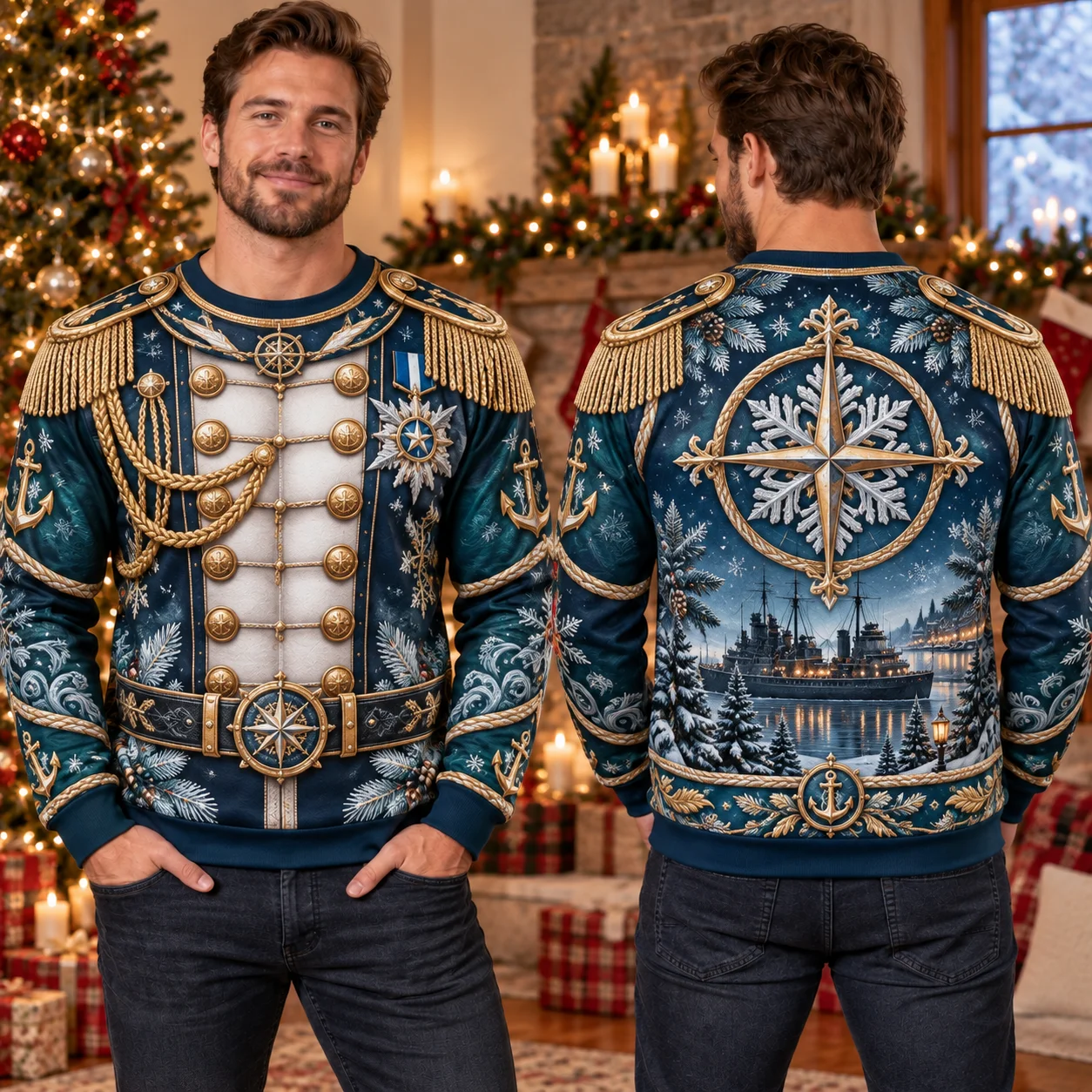 3D Printed Naval Army Aviation Christmas Sweatshirt Men General Uniform Crewneck Military Style Holiday Gift