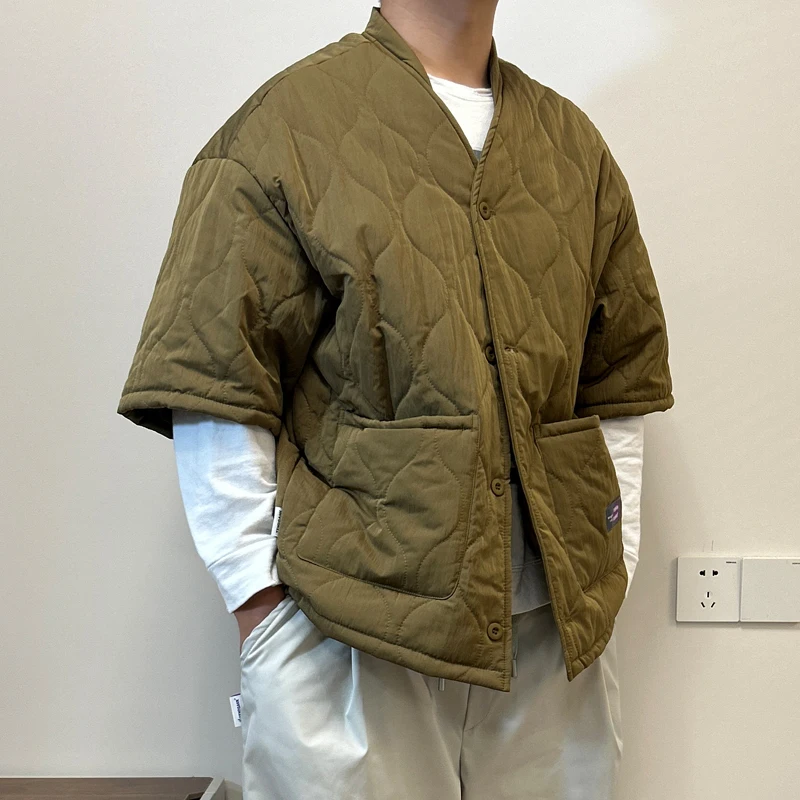 اليابانية الرجعية فضفاضة المناسب خندق معطف سترة الرجال قصيرة الأكمام الماس منقوشة الداخلية بطانة سترة قطن العصرية #3