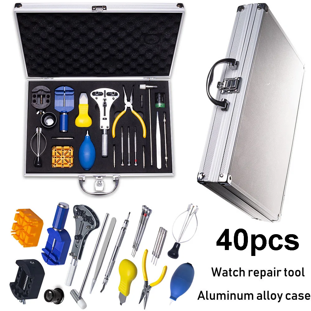 Watch Repair Tool Kit with Aluminum Alloy Case Watch Link Pin Remover Shell Opener Clock Battery Replacement Tool Screwdrivers