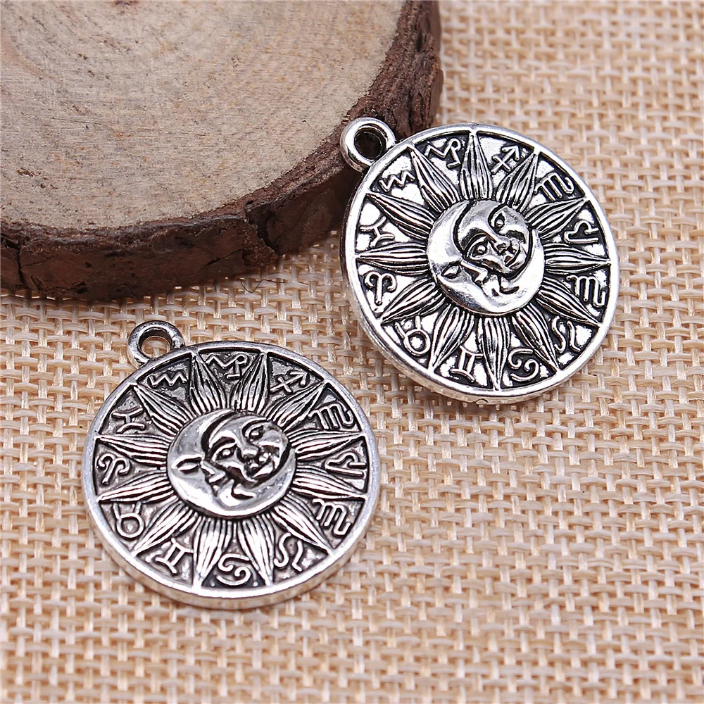 WYSIWYG 4pcs 28x25mm Round Shape Retro Zodiac Symbol Sun And Moon Totem Charm Pendant For Necklace Making