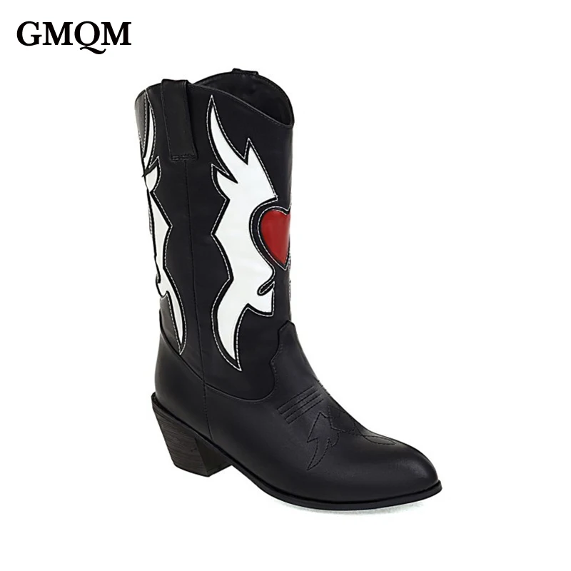 

GMQM Fashion Women Mid-Calf Boots New Design CowBoy Boots Brand Ridding Western Shoes Female Love Heart Punk Style Chunky Heels