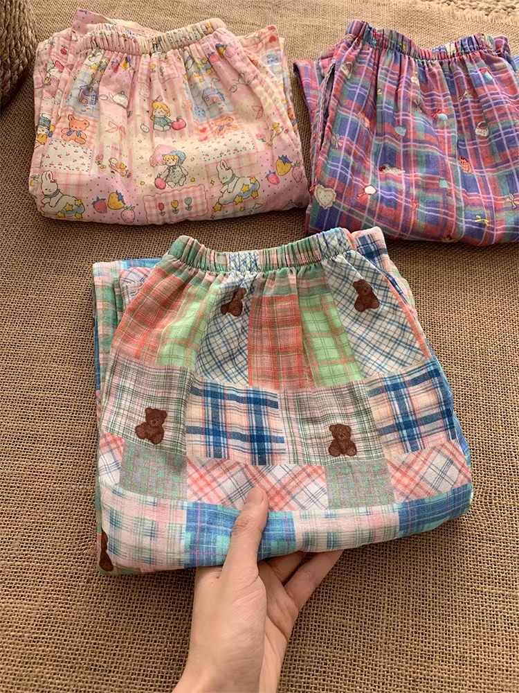 

plus Size 300 Pounds Cute Cartoon Plaid Lazy Pants Loose Casual Stroll Home Clothes Wide Leg Pants Sweet Style Polyester Fiber