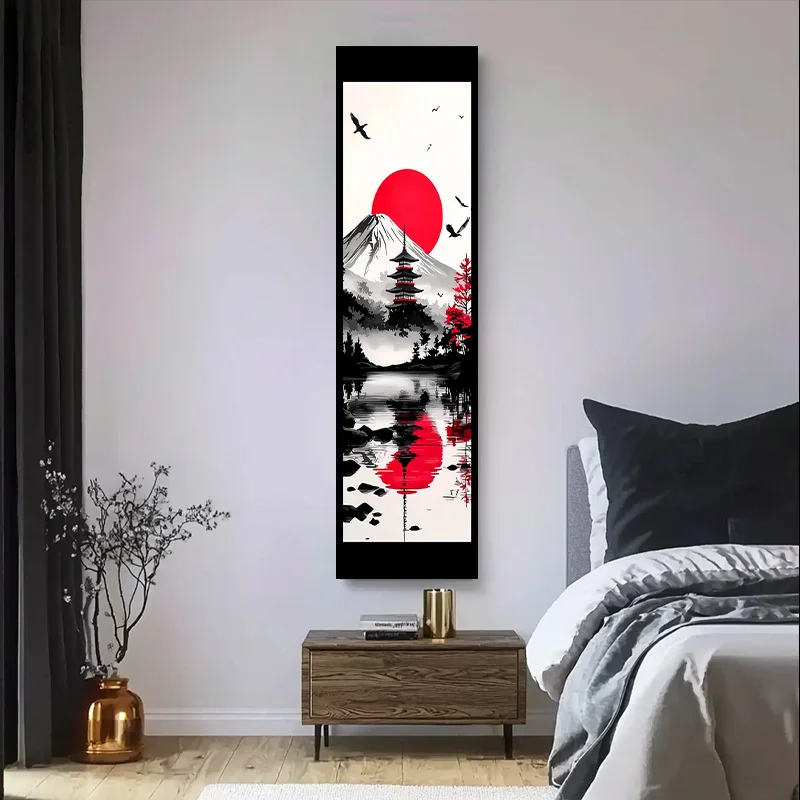 Japanese Long Tapestry Mount Fuji Pagoda Red Sun Lake Reflection Ink Wash Bird Polyester Tapestry Narrow Oriental Landscape Wall