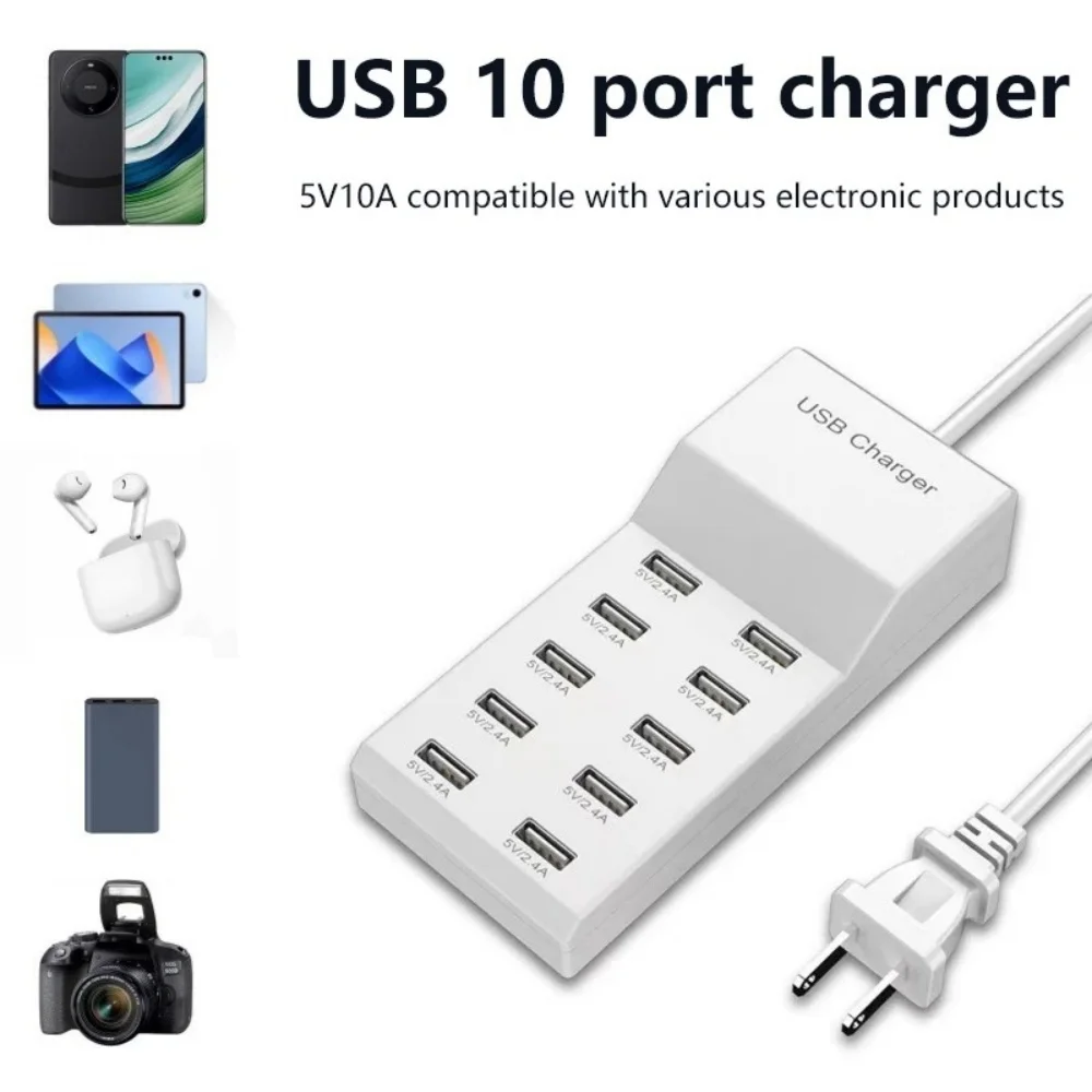 10-Ports 50W/10A USB Charging Station Multi Port USB C Hub Charger for Cellphone Tablet Multiple Devices Extension Socket