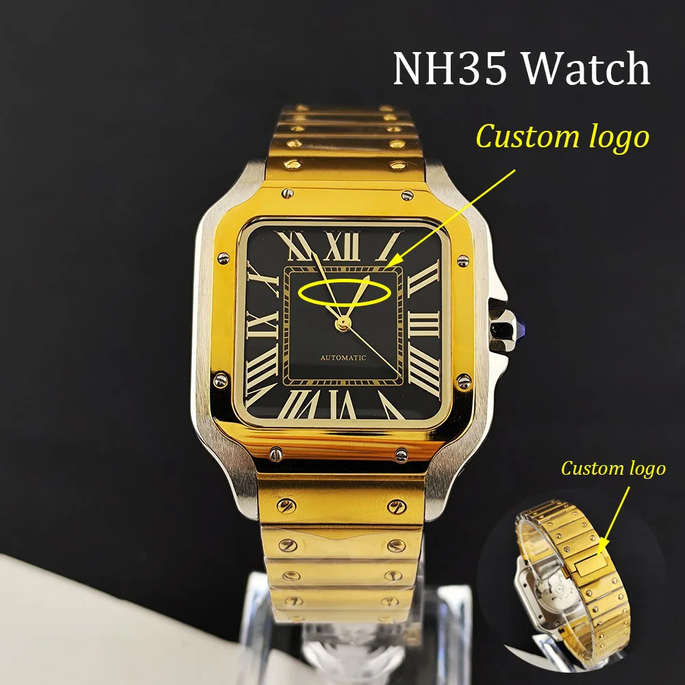 

Новые квадратные часы NH35, золотые, серебряные часы, мужские часы с римским циферблатом, складная пряжка, квадратный корпус, часы с механизмом NH35