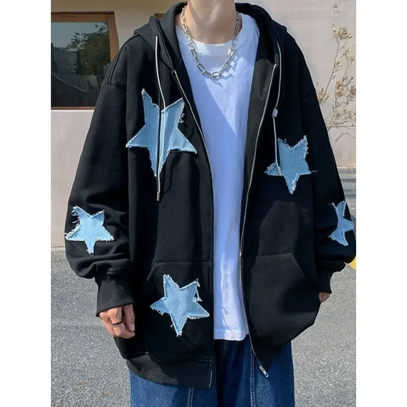 

Men's Star Patch Zip Up Hoodie for Men Oversized Y2k Sweatshirt Jacket E-Girl 90s Pullover Streetwear