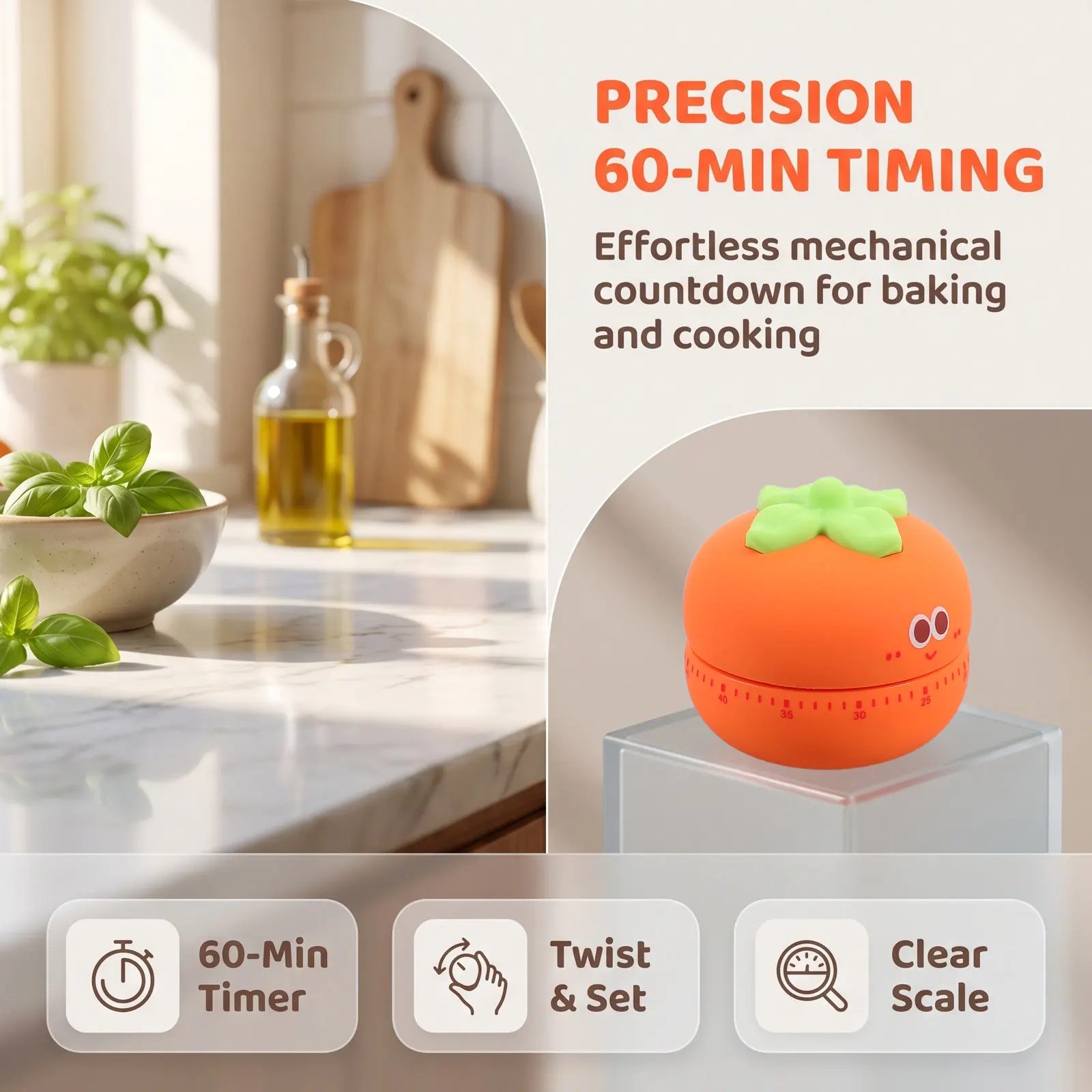 Mechanical Kitchen Timer Persimmon Shape 60-Minute Wind-Up Analog Countdown Visual Cooking Alarm Clock for Baking Home Use