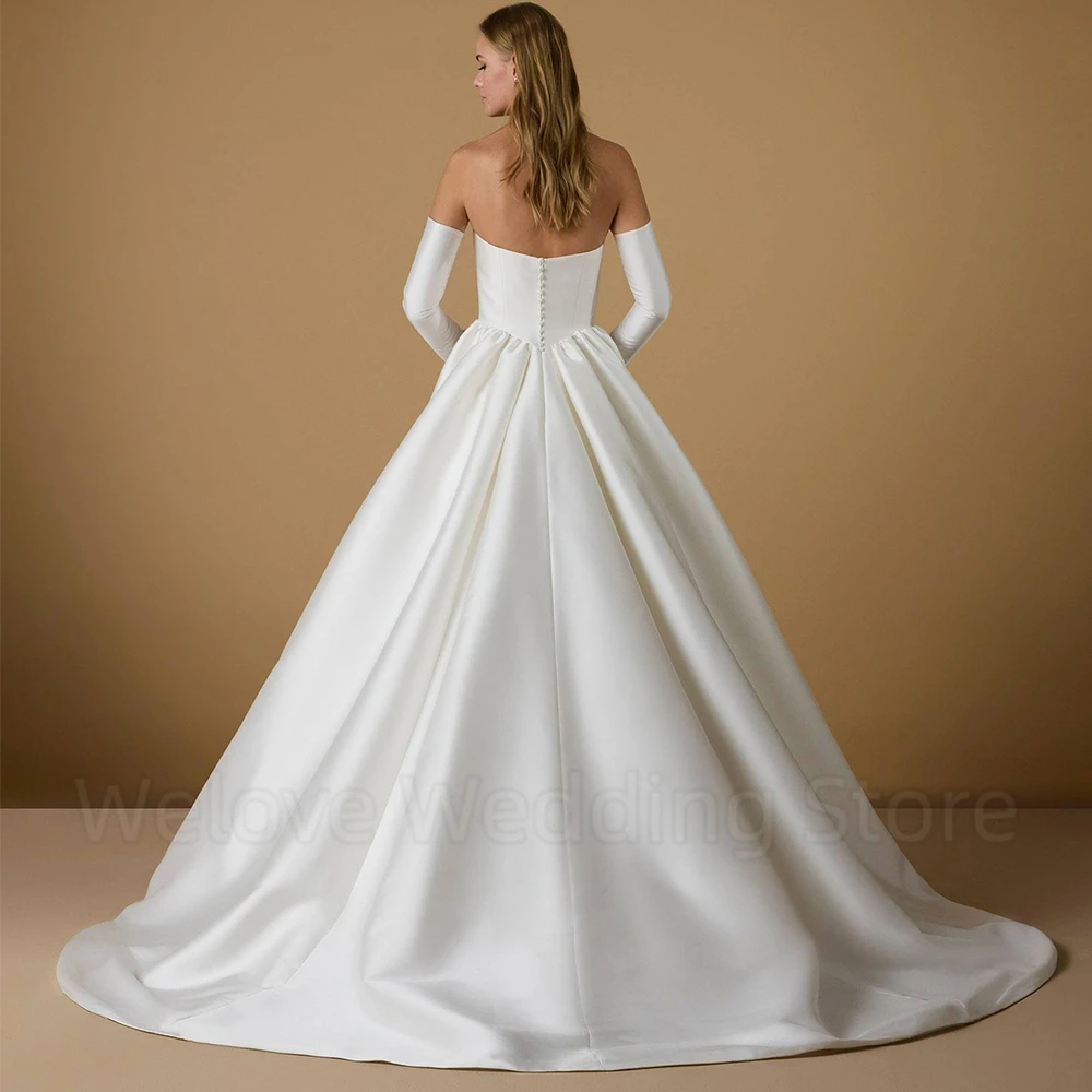 Simple Wedding Dress Strapless Satin A-Line Floor Length Bride Draped Classic Open Back with Detachable Long Sleeves Gowns