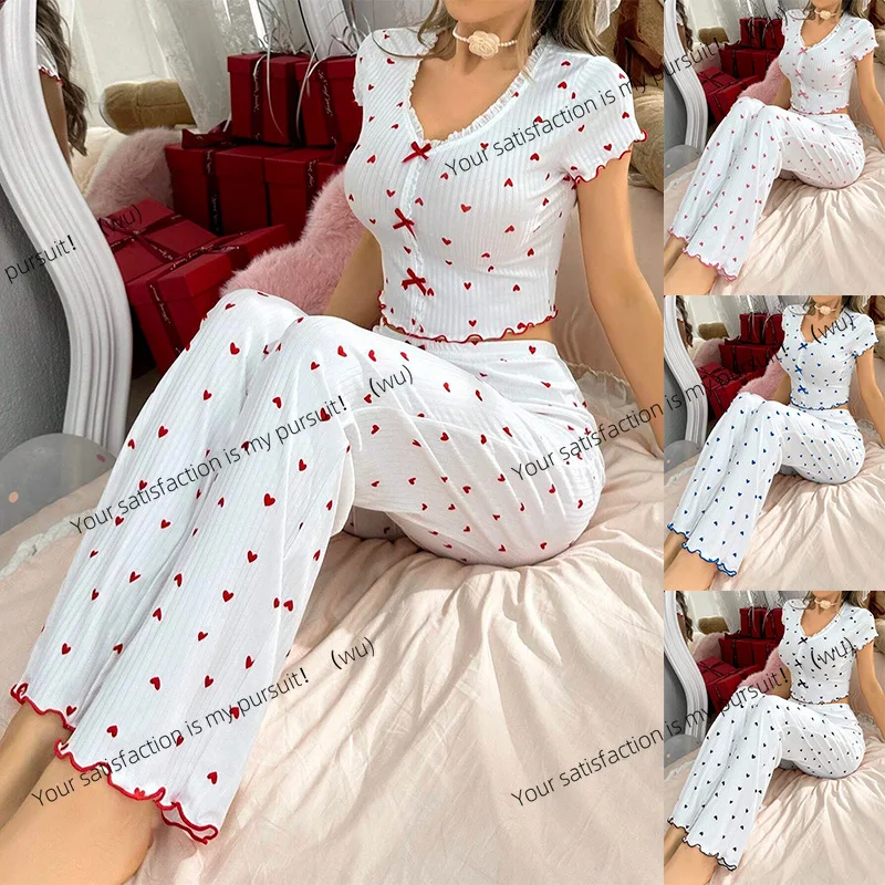 

ZOCI-loungewear printed love V-neck short-sleeved trousers set can be worn outside, pajamas women