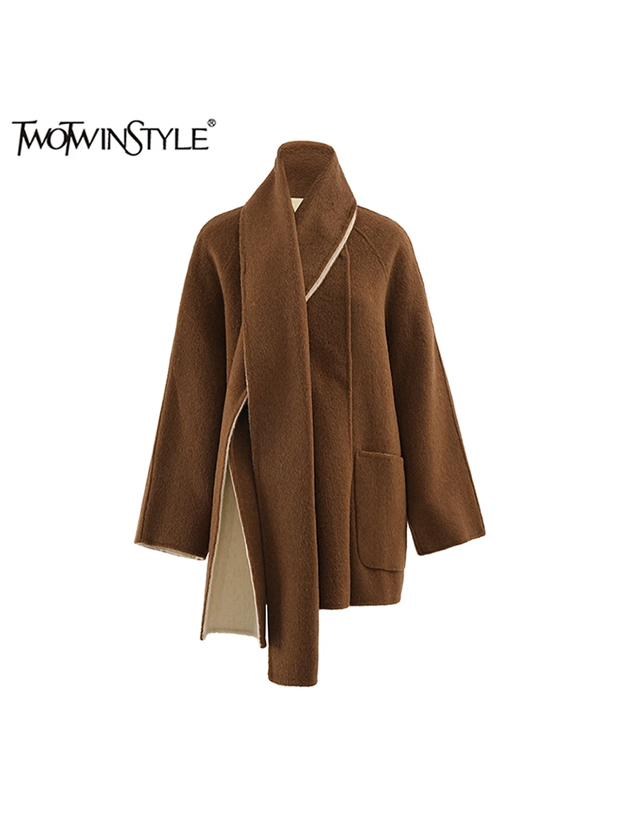 

TWOTWINSTYLE Solid Loose Casual Overcoats For Women Round Neck Long Sleeve Patchwork Scarf Minimalist Warm Coat Female Fashion