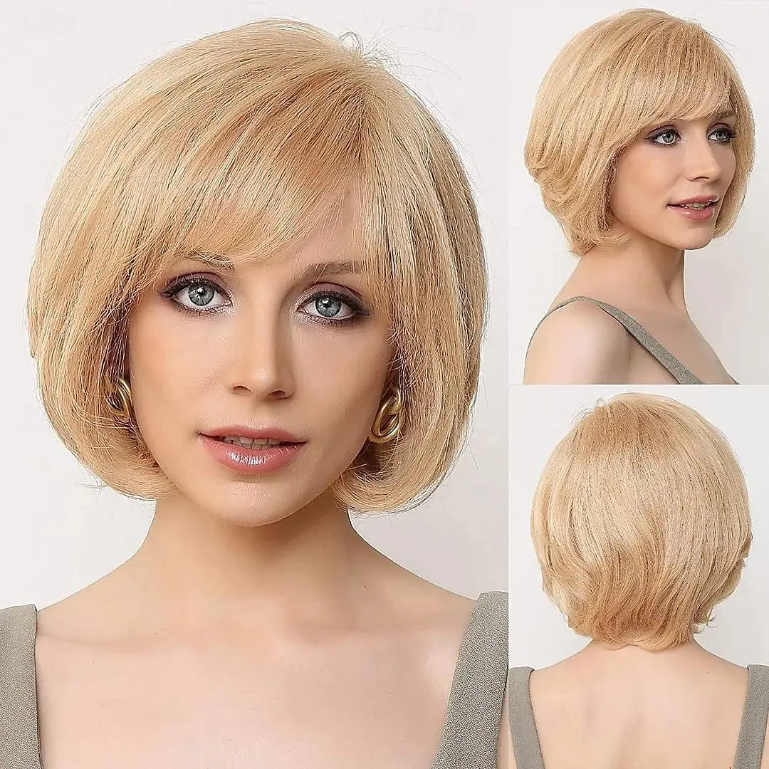 HAIRJOY Synthetic Hair Short Layered Straight Blonde Mixed Color Wig for White Women