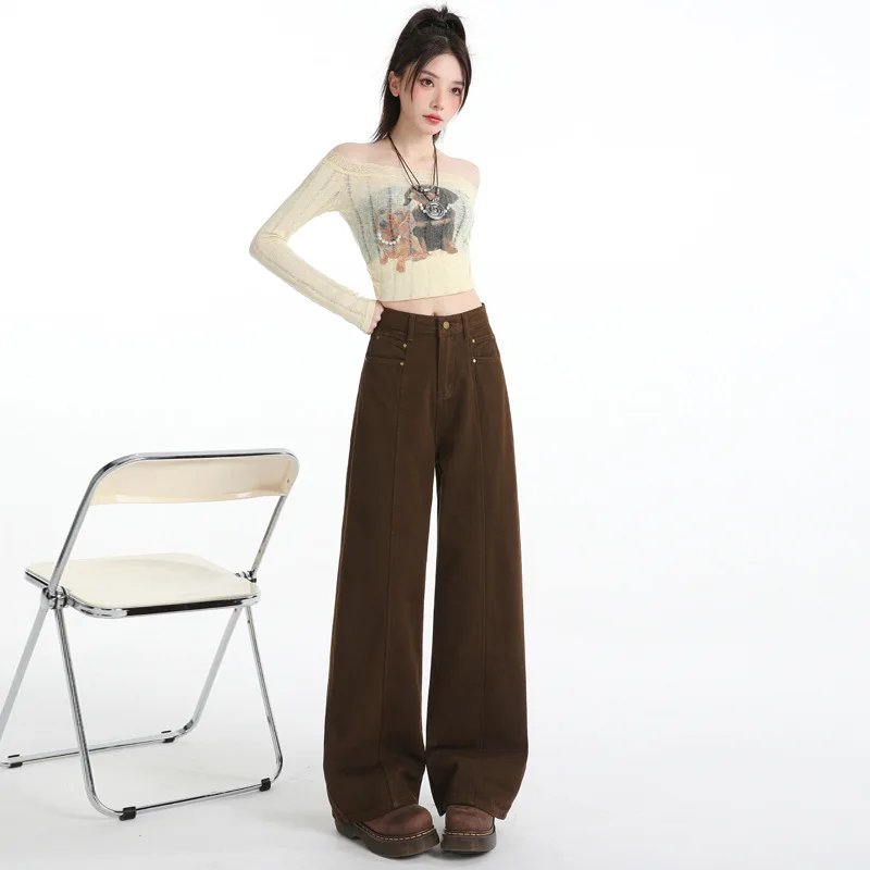 

2026 Spring And Autumn Coffee Color Straight-Leg Jeans For Women Loose Retro High-Waist Slimming Denim Floor-Length Wide-Leg