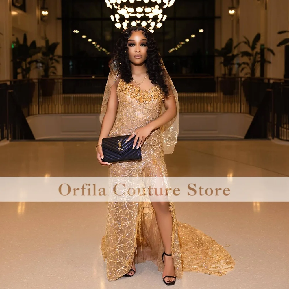 Sparkly Prom Dresses For Black Girl 2026 Beading Gold Mermaid Party Gowns African Matric Dance Dress Party Gown Customized